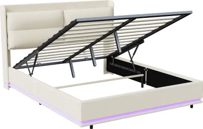 Obrázok produktu pre Postel Moonbite s úložným priestorom, 160x200 cm, zamatová, béžová, s integrovanou nabíjacou stanicou (USB a Type-C), LED osvetlením, odkladacím priestorom a úložným priestorom v čelnej časti