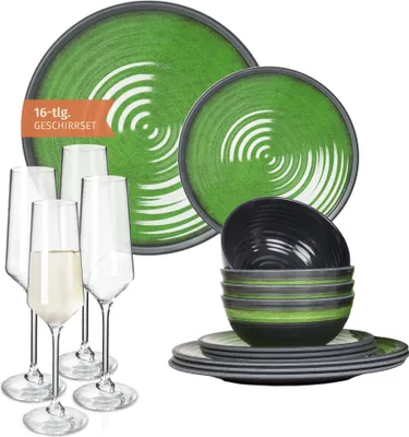 Produktbild von Melamin Camping Geschirr Set 4 Personen Stone Green + 4 Milano Champgner Gläser Flûtes Tafelgeschirr Picknick BBQ Kochgeschirr