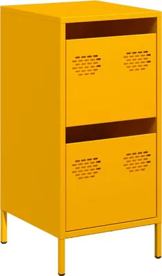 A yellow metal cabinet with two doors and ventilation holes.