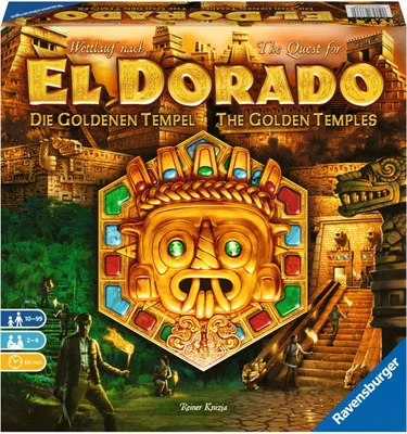 The image shows the box art for the board game 'El Dorado: The Golden Temples'. It features a central golden mask, ancient ruins, and explorers.