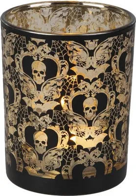 Produktbild von Windlicht - Totenkopf schwarz/gold - ca. 10 x 12,5 cm
