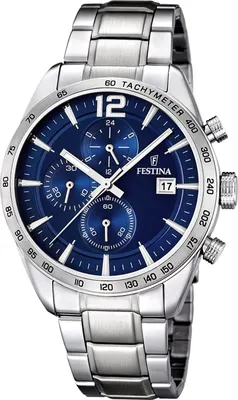 A close-up studio shot of a men's wristwatch with a blue dial and silver metal band.