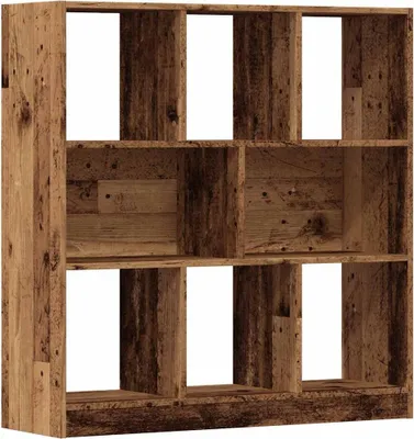 A wooden bookshelf with multiple compartments against a white background.
