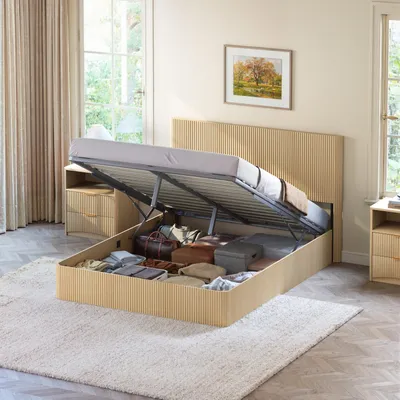 Produktbild von Stauraumbett 160x200 cm Hell Eiche - Modernes Doppelbett mit Hydraulik-System, Rillenoptik & Bettkasten, robuster Stahlrahmen, inkl. Lattenrost, bis 450 kg belastbar