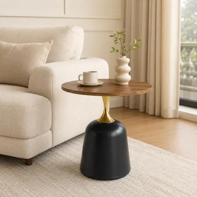 Produktbild von Runder Beistelltisch Ø 60 cm Couchtisch mit Metallgestell Holzoptik Modern Sofatisch Wohnzimmer Holz 60x60x58 cm