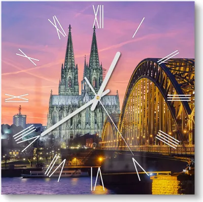Produktbild von DEQORI Glasuhr 30x30 cm Römisch 'Kölner Wahrzeichen abends' Wanduhr Glas Uhr Design leise