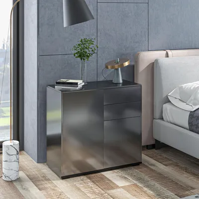 Produktbild von Sideboard Kommode Modern aus Holzwerkstoff in Schwarz Hochglanz & Grau-Holzoptik, Anrichte mit 2 Schubladen & 2 Türen, Schrank für Wohnzimmer Flur 79x36x74 cm