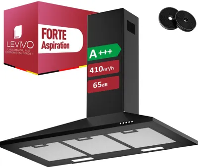 Image de Hotte aspirante LEVIVO 90 cm à recyclage d'air & évacuation d'air avec 410 m³/h de débit d'air, hotte aspirante avec 2 filtres à charbon actif, 3 filtres à graisse, hotte murale à 3 vitesses