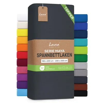 Zdjęcie produktu dla Lavea® Prześcieradło na materac z dodatkową warstwą, 180x200 cm - 200x200 cm, Maya, 100% bawełna dżersej – Miękkie prześcieradło na materac z dodatkową warstwą, do 10 cm – Kolor antracyt