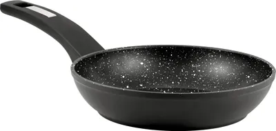 A black frying pan with a speckled interior and a black handle, shown against a white background.