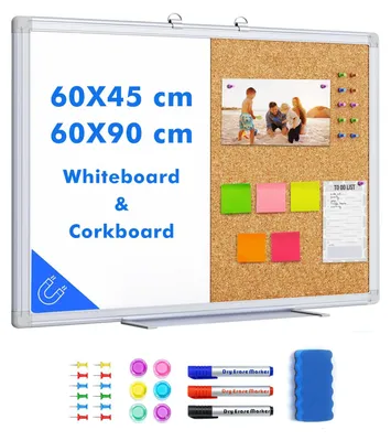 Produktbild von Kork-Pinnwand und Whiteboard mit Aluminiumrahmen, 90 x 60 cm, Magnettafel, Whiteboard und Korktafel in einem