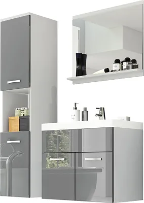 Produktbild von MIRJAN24 Badmöbel-Set Montreal, Badezimmer-Set mit Spiegel und Waschbecken (Farbe: Weiß / Grau Hochglanz, mit Siphon)