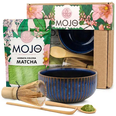 Produktbild von MOJO TEA Matcha Set 50g mit Matcha Schale, Chasen Bambusbesen, Chashaku & Geschenkbox