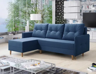 Produktbild von Easy4You Ecksofa FERN Marineblau L-Form – 222x93x145 cm - Schlafsofa mit Bettkasten und Schlaffunktion - Eckcouch mit Stauraum und Holzfüße, Kissen – Stoff Lux 20