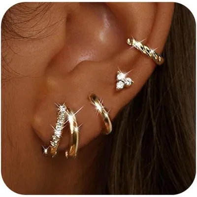 Produktbild von 4 Paar Ohrringe Damen Silber Gold Creolen Ohrstecker 14K Vergoldet Set Hypoallergen
