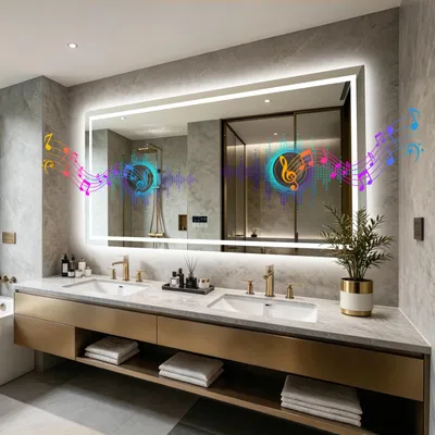 Obrázok produktu pre LED zrkadlo do kúpeľne – obdĺžnikový nástenný zrkadlo – Bluetooth reproduktor – stmievateľné LED osvetlenie – proti zahmlievaniu s pamäťou – 3 teploty farieb – odolné proti rozbitiu – 1830 x 900 mm