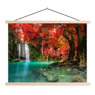 Produktbild von MuchoWow® Textilposter Wasserfall - Baum - Rot - Herbst - Wasser 60x45 cm mit holzfarbenen Rahmen - Bild