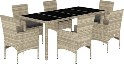 Immagine prodotto di vidaXL set da pranzo da giardino 7 pezzi con cuscini in rattan grigio chiaro e vetro