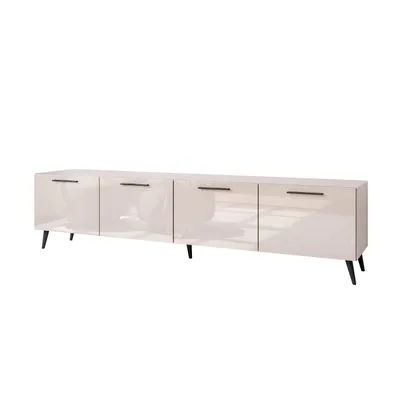 Produktbild von TV-Schrank AURA 200 KASCHMIR Hochglanz auf schrägen schwarzen Beinen mit LED-Beleuchtung