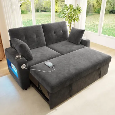 Produktbild von MODFU Schlafsofa 2-Sitzer,Ausziehbares Sofa Relaxsofa mit LED-Beleuchtung, USB/Type-C-Anschluss und Armlehnen-Stauraum, Chenille Sofa, Grau,141,5×131×83,5 cm