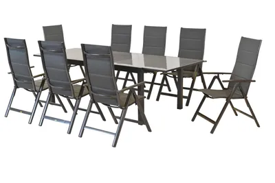 Produktbild von Merxx Gartenmöbel Set Taviano 9tlg, 8 Klappsessel, Semi Ausziehtisch 200 (300) x 100 cm - Aluminium/Textil