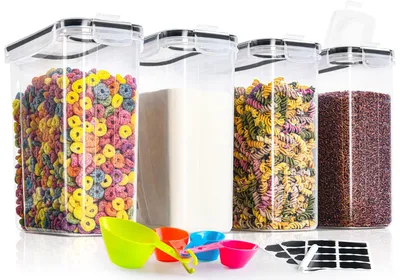 Image de Boîtes de conservation 4L, lot de 4 - Plastique - Étanches - Cuisine - Étiquettes réutilisables - Doseur - Sans BPA - Contenants de stockage