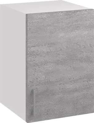 A 3D rendering of a gray kitchen cabinet with a concrete-look front and a white side.