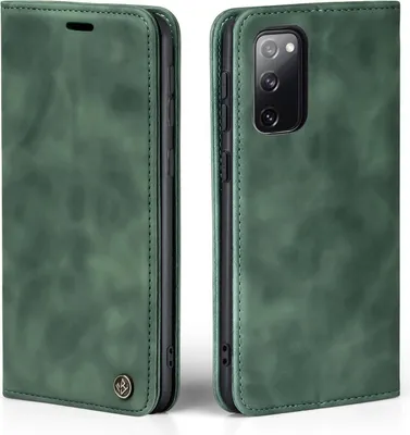 A green flip cover phone case for a Samsung Galaxy S20 FE is shown from two angles.