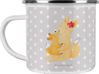 Produktbild von Mr. & Mrs. Panda Teetasse Fuchs Mama - Grau Pastell - Geschenk, Mutter, Muttertag, Pott, Umarmen, Haferl, Kaffeepott, Emaille Tasse, Blechtasse, Schoß