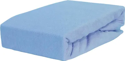 A folded blue fitted sheet on a white background.