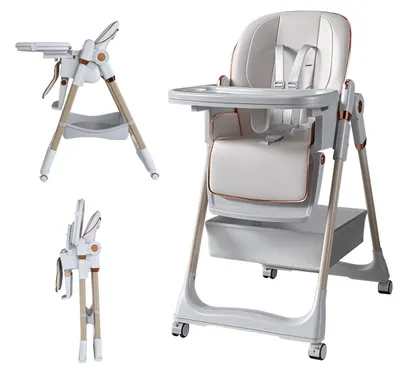 Image de Chaise haute réglable pour bébé (0-6 ans) avec ceinture de sécurité et roulettes, facile à nettoyer, blanche