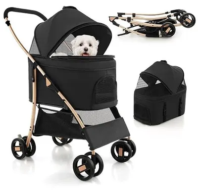 Imagen del producto de Carrito para perros 3 en 1, cochecito plegable para mascotas, hasta 15 kg, transportador para animales con ventanas de malla, toldo ajustable, soporte y cesta removibles. Cochecito para mascotas ideal para perros y gatos pequeños ()