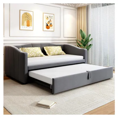 Produktbild von Polsterbett Ausziehbares Schlafsofa 90/180 x 200 cm mit Lattenrosten, Multifunktionsbett aus hautfreundlichem Samtstoff (Grau)