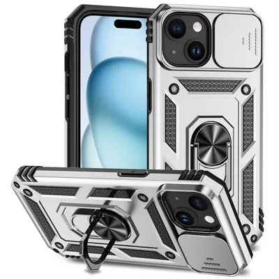 Obrázek produktu pro Pouzdro pro iPhone 15 dvouvrstvé pouzdro s posuvným krytem kamery a prstencovým stojánkem Stříbro