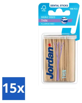 Produktbild von 15 x Jordan Clean Between Sticks - Dünne beidseitige Zahnstocher mit Minzgeschmack - Vorteilspackung - 15 Stücke