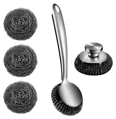 Produktbild von Set aus Edelstahlspiralen, 5 Stück Stahlwolle-Scheuerschwämme mit 2 Edelstahlgriffen zum Reinigen von Geschirr, Rost, Töpfen und Pfannen, Spülbecken