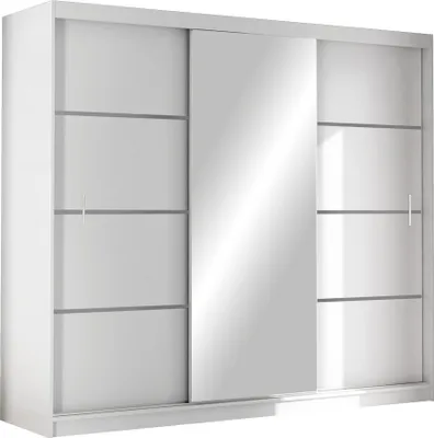 Produktbild von Furniture24 Kleiderschrank Vista 250 Schwebetürenschrank Schrank mit Schiebetür Kleiderstange 8 Einlegeboden 2 Schubladen Weiß mit Spiegel , 250 cm breit