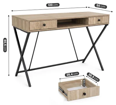 Immagine prodotto di Scrivania PC industriale Rovere Sonoma CROSSLINE 120 cm 2 cassetti 1 ripiano gambe nere