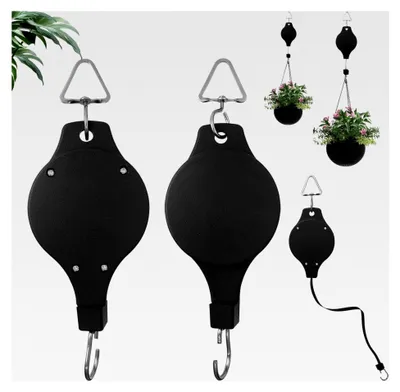 Produktbild von 2 Stück Pflanzenrollen Haken Einziehbar für Blumenkörbe und Ampeln, Schwarz