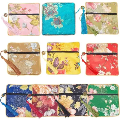 Zdjęcie produktu dla Omgoods - Zestaw 10 etui na monety - Retro, materiałowe, zapinane na zamek - Różne kolory - Wzór kwiatowy - Lekkie - Idealne do przechowywania biżuterii - Etui na biżuterię
