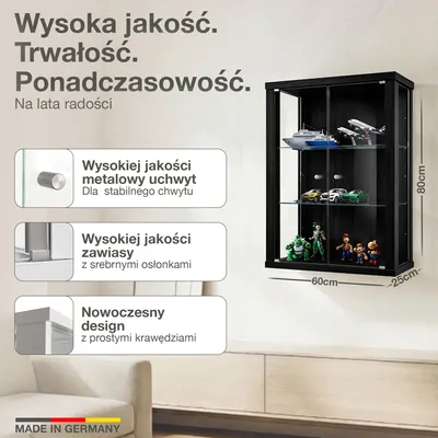 Zdjęcie produktu dla K-Möbel szklana gablota ścienna w kolorze czarnym (80x60x25 cm) z 2 szklanymi półkami o regulowanej wysokości - szklana gablota ścienna - gablota ścienna - gablota czarna