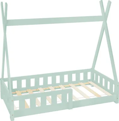 Produktbild von ML-Design Kinderbett Tipi 70x140 cm mit Rausfallschutz und Lattenrost, Minzegrün, aus Kiefernholz, Hausbett mit Zaun, Bodenbett, Holzbett