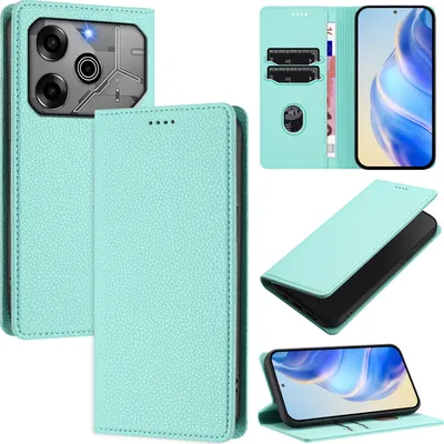 Produktbild von Litchi Leder Handyhülle für Tecno Pova 6/Pova 6 Pro 5G Wallet Kartenfächer Standfunktion Hülle Türkis