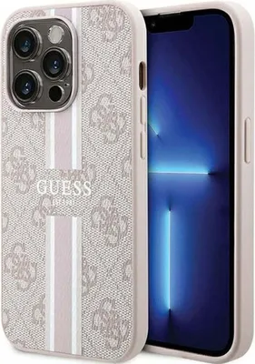 A close-up of an iPhone 15 Pro Max with a pink Guess branded case.