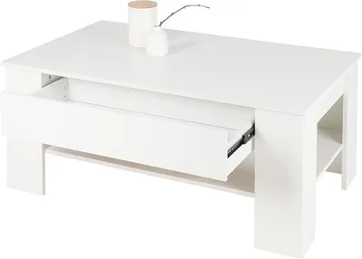 Productafbeelding van Witte salontafel, ruime bijzettafel met lade en opbergruimte voor uw woonkamer, 110x65x48 cm. Moderne salontafel met opbergruimte, houten bijzettafel, salontafel voor de woonkamer