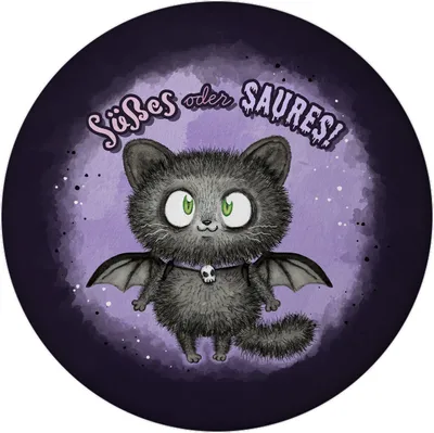 Produktbild von Süßes oder Saures Magnet rund mit schwarzer Fledermaus-Katze
