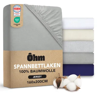Produktbild von Ôhm Spannbettlaken 160x200 Anthrazit – Jersey Spannbetttuch 100% Baumwolle Elastisch – Weich & Atmungsaktiv – Steghöhe 28 cm für Hohe Matratzen –