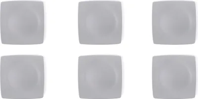 Six identical grey square dessert plates are arranged in two rows of three against a white background.