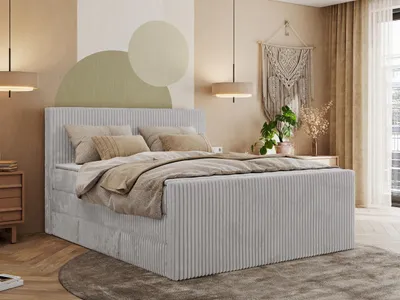 Produktbild von MKS MEBLE Boxspringbett mit zwei Bettkästen TILIANO KING DUO, Doppelbett aus Cordstoff, 7 Härtezonen Multipocket-Matratzen, Doppelbett mit Stauraum, Topper Visco - 180x200 - H4 - Hellgrau Cord