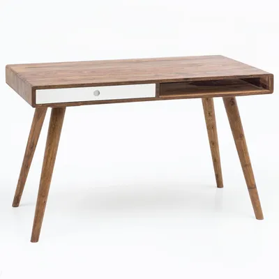 Produktbild von Schreibtisch REPA weiß 120 x 60 x 75 cm Massiv Holz Laptoptisch Sheesham Natur | Landhaus-Stil Arbeitstisch mit 1 Schublade | Bürotisch PC-Tisch